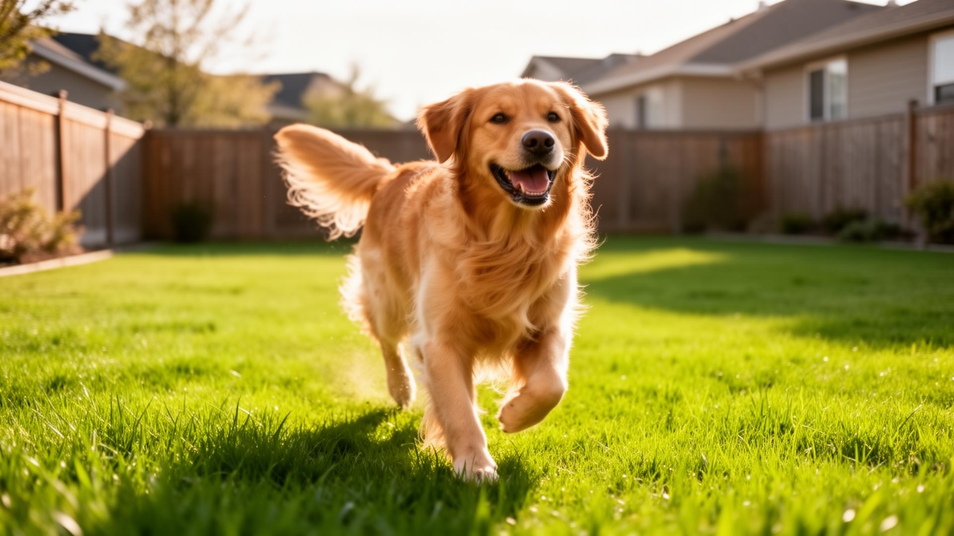 Happy golden retriever running through a fresh, clean backyard